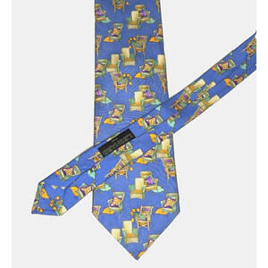 Leonard Paris Men's Silk Tie No. 125 Wicker Chairs Flowers Blue Green Yellow EUC